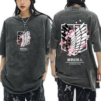 2026 New Anime Attack Titan Retro Wash Printed T-shirt Mikasa Ackerman Eren Jaeger Free Wings Pattern Adults Summer T-shirt。