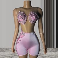 Pink African Bodysuit Cocktail Dresses 3D Floral Sheer Mesh Black Girl Mini Evening Party Birthday Gown customsized outift