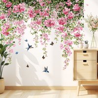 Watercolor Hanging Cherry Blossom Wall Decal, Pink Floral Vines with Butterflies & Swallows Vinyl Wall Sticker for Home Decor