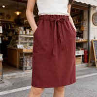 Elegant Green Cotton Midi Skirt Women's Office Pencil Style Elastic Waist Bow Detail Spring Summer 2026