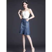 With Pocket Ruffle Women's Denim Skirt Zipper Blue Midi Chubby To Knees Length Female Jeans Skirts High Waist Y2k Vintage Cheap