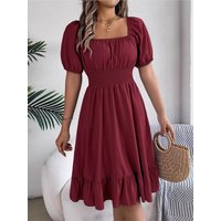 2026 Summer A-line Dress Vestido Casual Dresses For Lady Woman Simple Style Temperament Slim Pleated Square Leader Short Sleeves