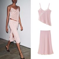 Lace Splice Organza Strap Top mid Waist Slit Midi Skirt Two Piece Set Short Style Casual Fashion Autumn Season All Occasions