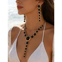 Elegant Black Gold Round-Set Stone Two-Piece Jewelry Set with Oversized Long Earrings And Slimming White Necklace for Dinner Par