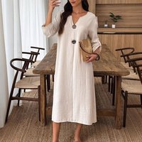 Summer New Casual V-neck Long-sleeved Cotton Linen Women's Dress Casual Loose Simple Elegant Female Holiday Long Dresses 2026