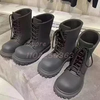 Black Round Toe Men High-top Boots Cross-tied Motorcycle Mid-calf Boots Fashion Thick-sole Casual Derby Shoes 2026 British Style