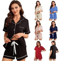 Women's Summer Pajama Set Solid Short Sleeve Top Shorts with Contrast Trim Lightweight Basic Sleepwear Casual Comfort Loungewear