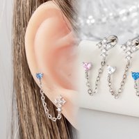 20G Double Head with Chain Cubic Zircon Ear Stud Hypoallergenic Titanium Screw-Back CZ Earrings for Sensitive Ears
