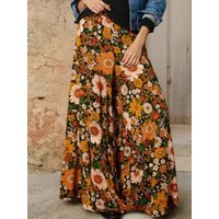 Plus-Size Women's Floral Print Loose Wide-Leg Pants, Elegant with Pockets, Suitable for Vacation and Countryside Style, Everyday Casual Wear, Romantic Pants That Can Be Worn in All Seasons