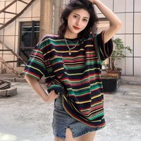 Loose Shoulder Top Fashionable Rainbow Striped Slim T-shirt for Women in Summer