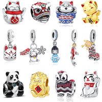 Original 925 Sterling Silver Charms Chinese New Year Lion Fortune Cat Doll Beads Fit Brand Necklaces Bracelets Jewelry For Women