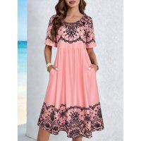 Women’s Pink & Black Lace Print Midi Dress, Round Neck Short Sleeve Casual Sundress with Pockets, Flowy Fit for Summer Vacation