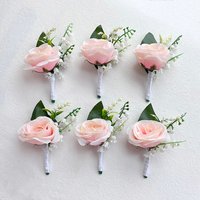 6pcs Buttonhole Flowers Boutonniere Wedding Accessories Groom Boyfriend Groomsmen Corsage White Silk Roses Artificial Lapel Pins