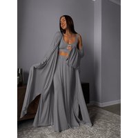 Marthaqiqi Loose Women Sleepwear Set V-Neck Robe Long Sleeve Pajamas Tank Top Nightgown Long Skirt Ladies Nightwear 3 Piece Suit