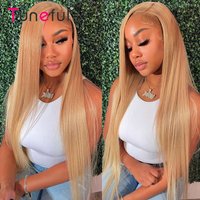 Tuneful 27# Honey Blonde Colored Human Hair Wigs Straight 180% 13x6 HD Transparent Lace Front Human Hair Wigs For Women