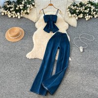 Two Pieces Women Pant Sets Denim Matching Set Strapless High Waist Zipper Wide Leg Pants Slim Y2K Streetwear Casual 2026 Summer