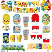 Pokemon Verjaardagsfeestje Decoratie Pikachu Wegwerp Servies Cup Servet Plaat Tafelkleed Baby Douche Cake Topper Vlag Ballonnen