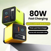 80W GaN Fast Charge Type C USB Phone Charger With Telescopic USB C Cable For Iphone 16 15 Samsung Laptop Wall Charger With Light