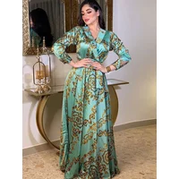 Spring Muslim Women Dress Silk Morocan Kaftan Long Sleeve Turkey Dubai Lace-up Abaya Islamic Clothing Vestido India Dresses 2022
