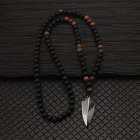 8mm Matte Black Wood Round Beads Hematite Big Arrow Pendant Necklace for Men and Women Jewerly Gift N043