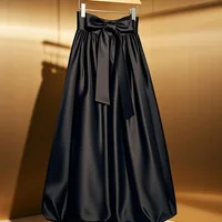 New Fashion Satin Summer Skirt Women French Elegant Lace Up High Waist A-Line Black Bubble Skirts Midi Party Jupe