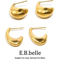 2024 E B belle Official Store Stainless Steel J Shape Hollow Glossy 23mm Long Golden Stud Earrings For Woman Waterproof Jewelry