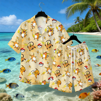 New Raichu Hawaiian Men's Shirt Cute Anime Aloha Shirt Electric Cartoon Button Up Summer Beach Vacation Shirt Shorts Pant Set