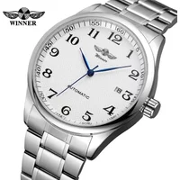 WINNER Watch Men Minimalist Business Watches Silver Stainless Steel White Dial Auto Date Automatic Mechanical Wristwatches Men