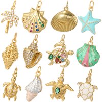 Cute Summer Beach Ocean Style Copper Inlaid Zircon Coconut Tree Conch Sea Turtle Enamel Shell Starfish Pendant