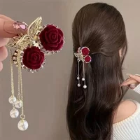 1pc Vintage Elegant Red Flocked Rose Tassel Hair Clip Stylish Ponytail Claw Crab Clip for Girls Women Delicate Hair Accessories