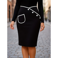 Women Wear to Work Pencil Skirts for Women Elastic High Waist Wrap Pockets Knee Length Button Bodycon Black Skirt