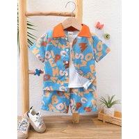 Baby boy summer casual fashion imitation denim print letter full print lapel breasted contrasting color shirt and pocket design