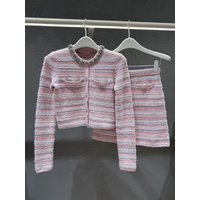 High-End Version European Style Pink Small Fragrance Wind Heavy Drill Decorated Knitted Outerwear Cardigan Top Dress Short Sk...