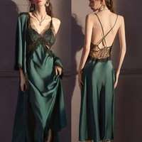 Sexy Lace Long Nighty&robe Set Spring Summer New Sleepwear Female Suspender Nightgown Silk Satin Bathrobe Kimono Gown Home Dress