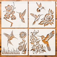 4PCS Hummingbird Floral Stencil Templates 11.8 Inch Square Drawing Stencils for DIY Art Journal Craft