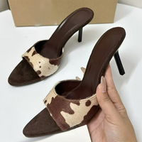 Aneikeh Summer Fashion Retro Design Animal Print Leather Pointed Toe Thin Heels Slippers Women Female Mules Sandals Slide Shoes