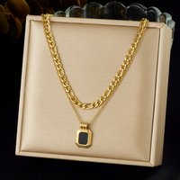 Stainless Steel Black Rhinestone Square Classic Pendant Double layer Necklace Lady Waterproof Neck Chain Jewelry