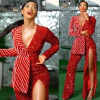 Luxury Sequins Women Suits V Neck Long Sleeve Jacket Blazers Beaded Slit Pants Customized 2 Pieces Dinner Party Outfits