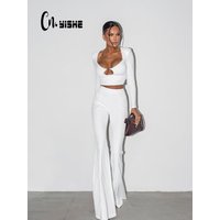 CNYISHE Long Sleeve U Neck Solid Fashion Women Sets 2-Pieces(Tops+Pants) Sheath Sexy Club Suits Fitness Casual Female Elegant
