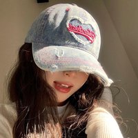 Fashionable Vintage Baseball Cap Denim Wide Brim Duckbill Cap Love-themed Pattern Embroidery Denim Hat for Women Girls