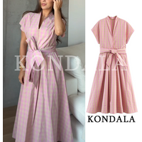 KONDALA Women Elegant Plaid Belt Midi Dress Leisure Dinner Short Sleeve Dress 2026 Summer Trendy Holiday Dating Chic Shirt Dress