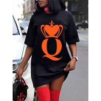 Women's summer casual Q Heart crown print letter print loose size round neck short sleeved T-shirt dress