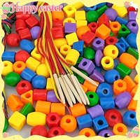 Wooden Lacing Beads Toy, Rainbow Color Shapes Stringing Beads Montessori Educational Toy for Toddlers