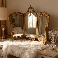 French retro makeup mirror European carved three-fold vanity mirror desktop desktop folding mirror special-shaped decorative