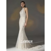 Women's Halter Beaded Wedding Dress with Sweep Train, Backless Mermaid Long Bride Dresses, Customized Luxury Bridal Gowns
