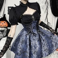 KIDCRKJ Vintage Elegant Lace Trim A-Line Mini Dresses Y2K Goth Floral Lace-up Dress Short Sleeve Smock Women Autumn New Fashion