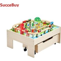 SucceBuy 3-in-1 Wooden Train Table Toys 100PCS Multicolor Kids Activity Table with Rolling Drawer for Children Drawing Toy