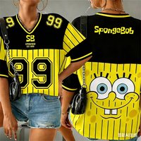 Cartoon SpongeBob Print T-shirts For Women Summer V-Neck Patchwork Short Sleeve Sports Football Jersey Y2K Loose Beach Tops
