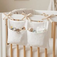 Baby Crib Organizer Hanging Storage Bag Muslin Cotton Gauze Diaper Caddy Nursery Bedside Pocket Hanging Bag with Ribbon Ties New
