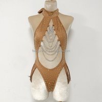 Nylon Dancer Women Stripper Outfits Rhinestones Ladies Bottle Girls Silver Chain Sexy Bodysuit Exotic Dance Wear